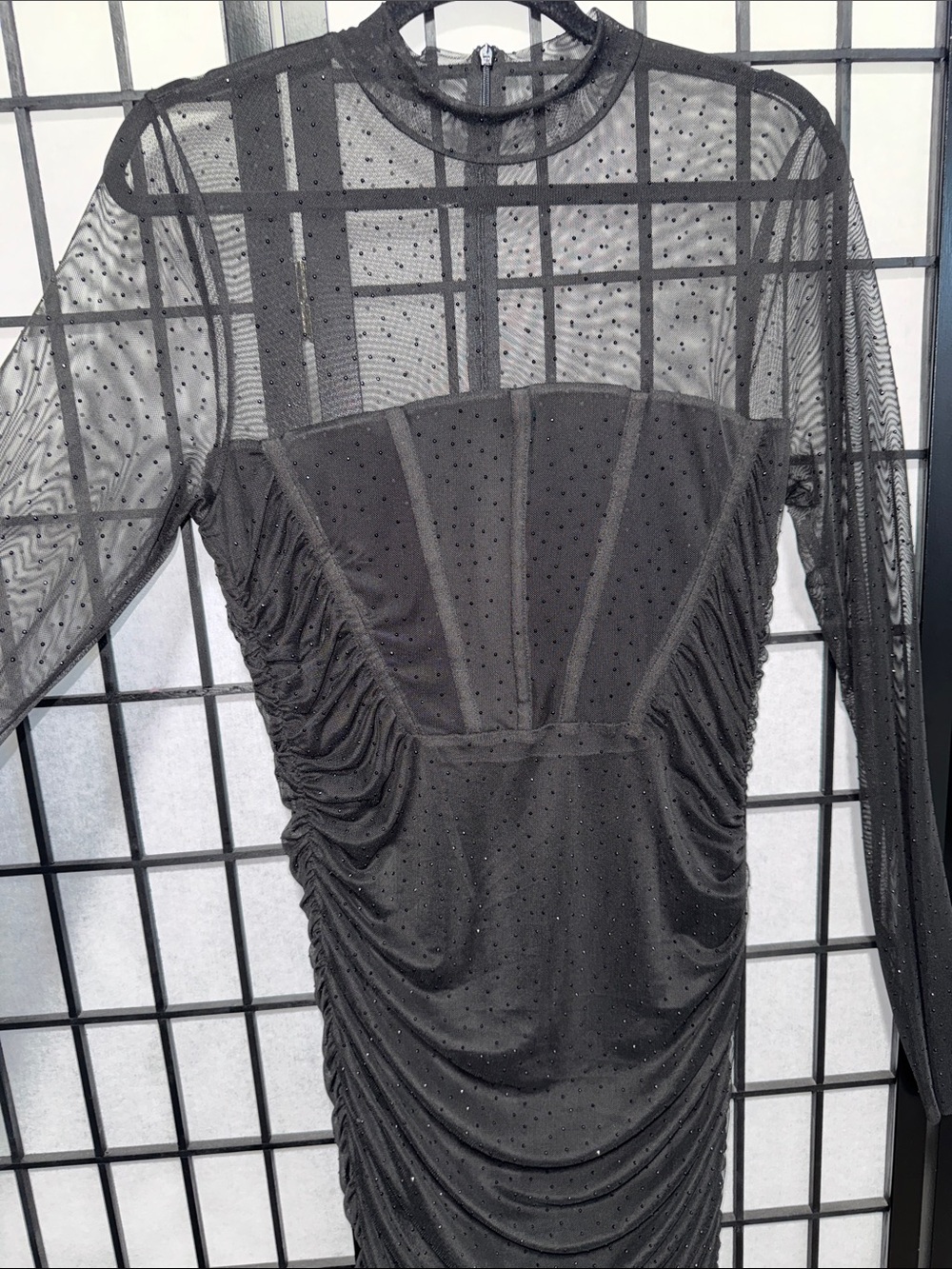 Black Halo Lexington Sheer Rhinestone Ruched Gown Size 12 - Picture 10 of 16